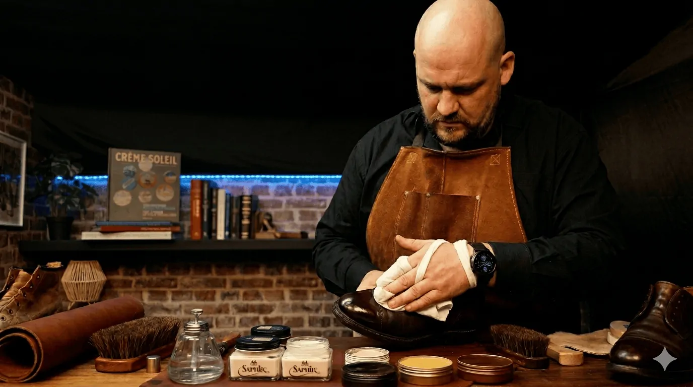 Le Shoe Shiner à l’atelier, en tablier de cuir, glaçant un soulier au chiffon