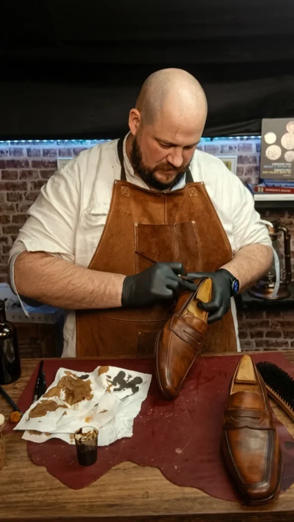 Le cireur applique un soin sur un mocassin en cuir, gants noirs et tablier