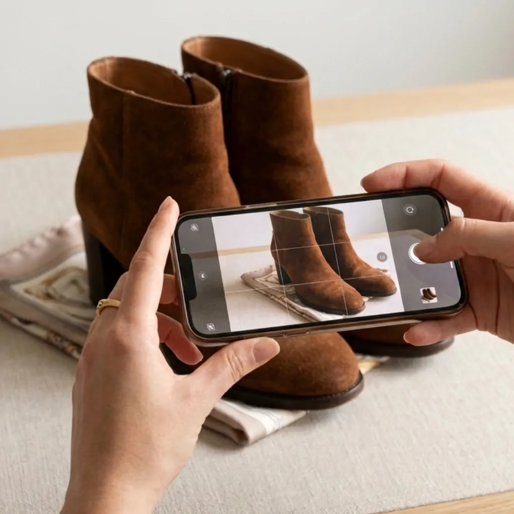 Photographie de bottines en daim au smartphone pour le diagnostic