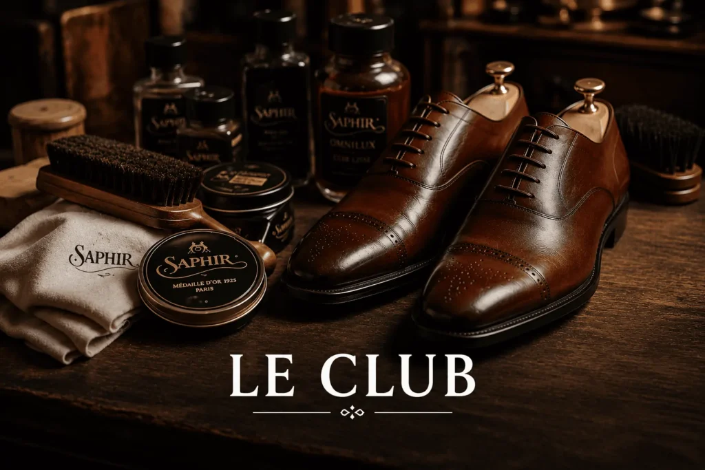 Souliers en cuir et produits Saphir, bannière du Club Le Shoe Shiner