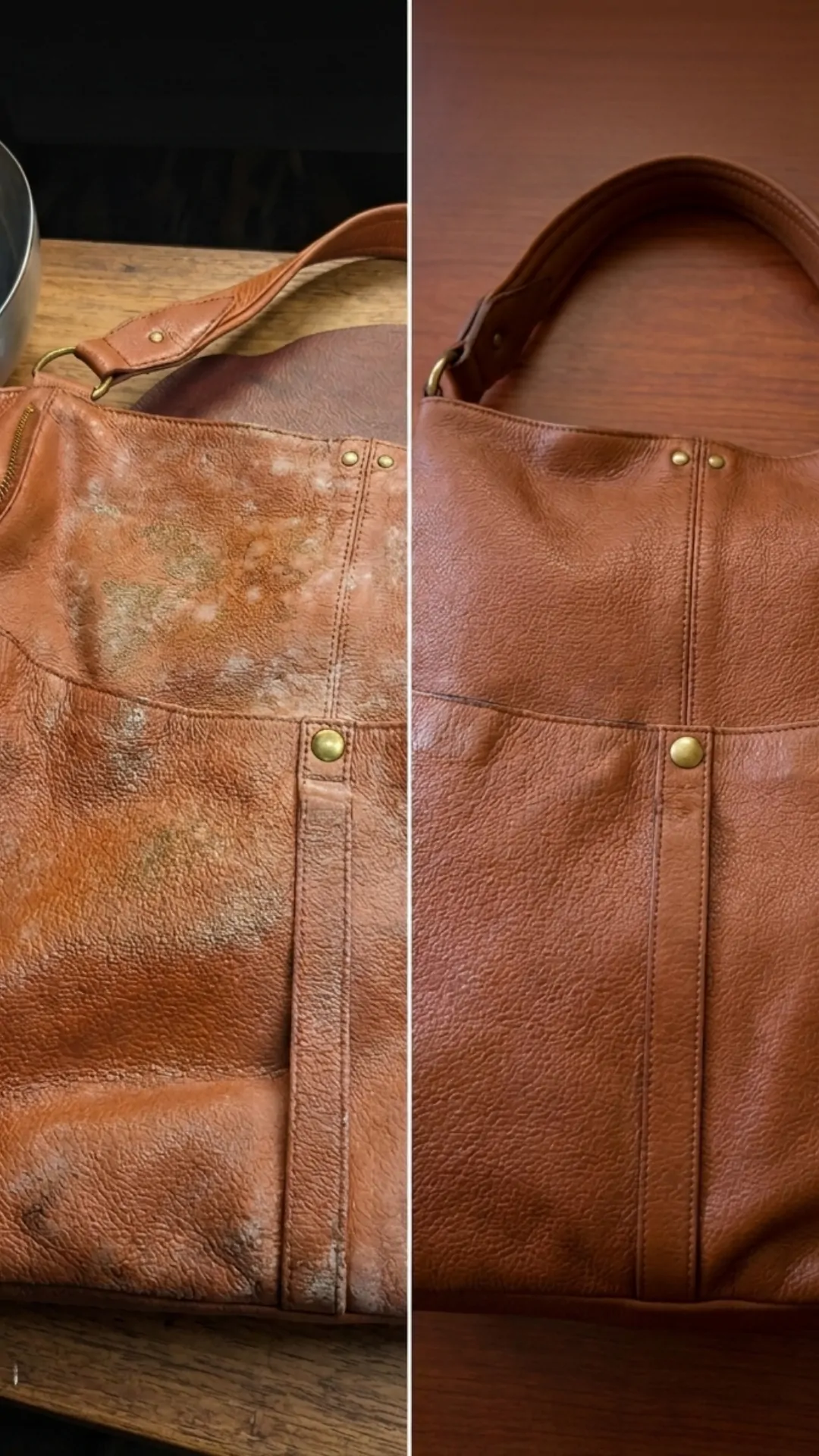 Sac en cuir avant et après nettoyage et nutrition