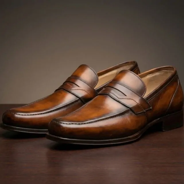 Mocassins en cuir cognac patinés et glacés